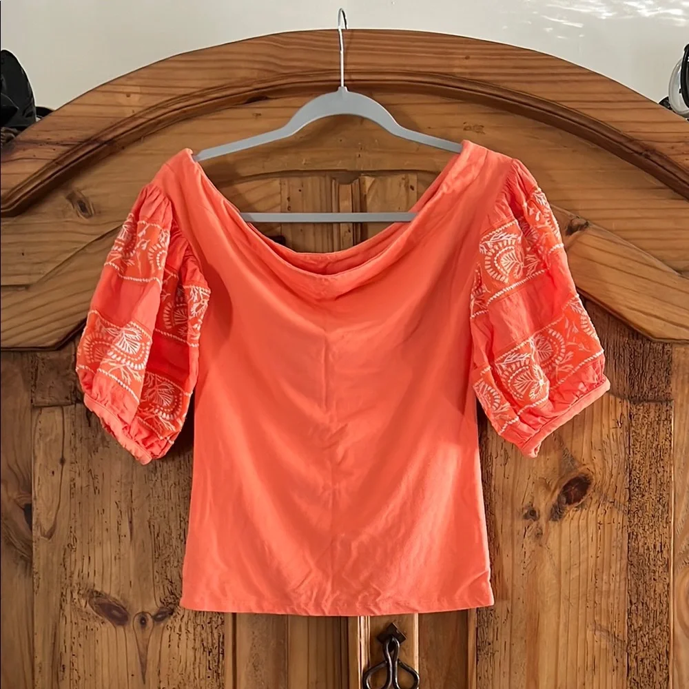 Free People Women's Embroidered Puff Sleeve Top in Orange Size: Small (S)